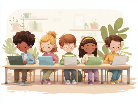 Children sitting at table using laptops in classroom with plants and shelves in background, showing focus and engagement in learningの素材