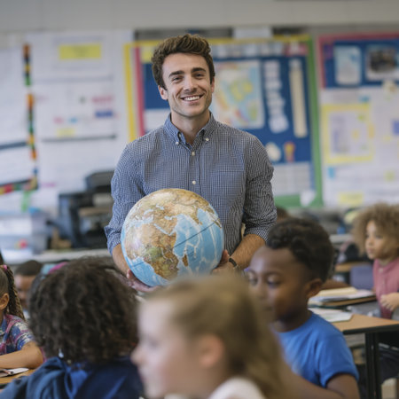 Teacher holding globe smiling at classroom of kids engaging in geography lessonの素材