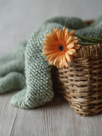 Close up of vibrant orange daisy flower resting on edge of woven wicker basket, with soft, textured green blanket draped nearby, creating cozy and natural sceneの素材