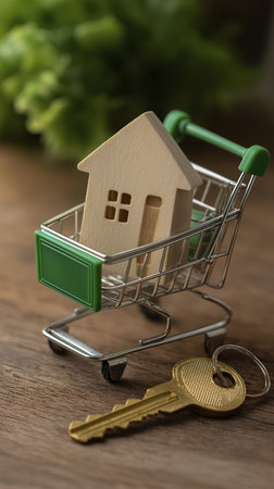 Small wooden house model placed inside miniature shopping cart with key nearby, symbolizing home ownership or real estate investment, on wooden surface with blurred green backgroundの素材