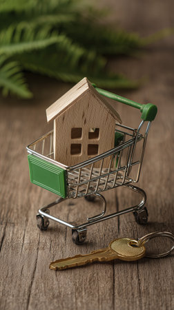 Small wooden house with green shopping cart and key wooden surface concept of real estate or home ownership miniature house model shopping cart key home property real estate housing mortgageの素材