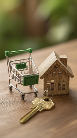 Miniature house model with key and shopping cart, symbolizing home ownership and real estate shopping, set on wooden surface with blurred green backgroundの素材