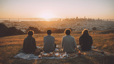 Four diverse young friends enjoy happy picnic on blanket atop grassy hill during beautiful sunset overlooking vast city skyline, embracing peaceful connection and freedomの素材