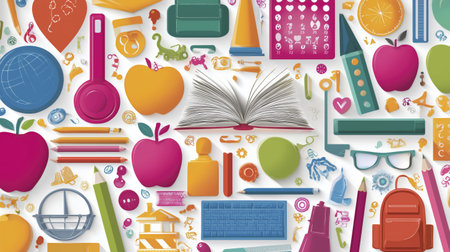 Vibrant collage of education icon, book, and tools creates cheerful mood, perfect for inspiring learning and creativityの素材