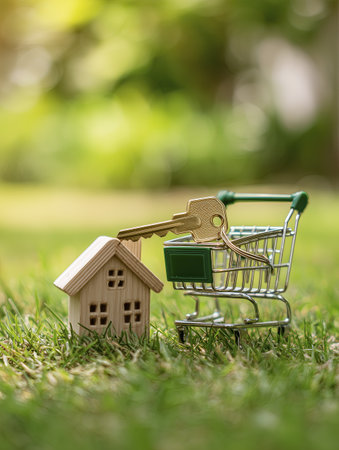 Small wooden house with windows and roof miniature model shopping cart with key outdoor grass and blurred green background real estate concept home ownership property house key shopping cartの素材