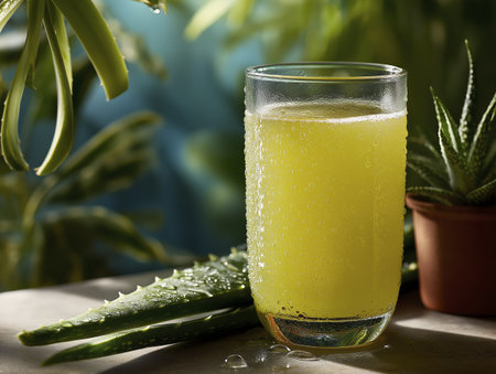 Fresh green juice in tall glass with condensation, surrounded by aloe vera and succulent plants, evokes refreshing, healthy, and natural vibe, perfect for wellness and hydrationの素材