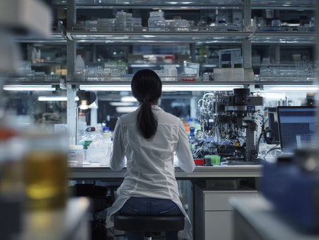 Female scientist her early thirties working laboratory with scientific equipment and glassware, focused her research, surrounded by shelves of supplies and advanced instruments, demonstratingの素材