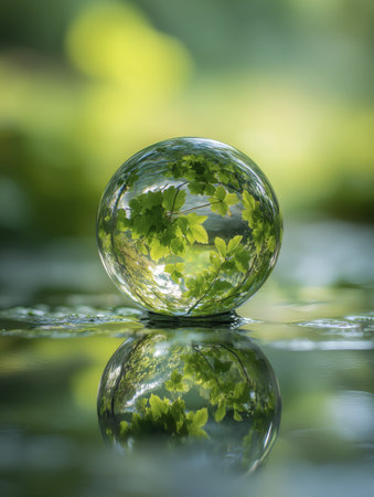 Glass sphere reflecting green leaves and sky floating water with mirror image peaceful natural scene vibrant greenery outdoor environment tranquil water surface botanical reflection natureの素材
