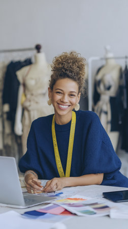 Smiling woman with curly hair wearing blue sweater and measuring tape around her neck, working desk fashion design studio, surrounded byの素材