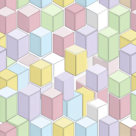 Colorful geometric pattern of pastel boxes with 3D effect modern abstract design soft pastel shades of pink blue green yellow purple and white seamless pattern decorative background minimalisticの素材