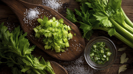 A fresh green celery offers vibrant and wholesome feel on wooden board, radiating natural goodness and healthy vibes for culinary delightの素材