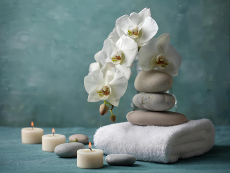 A zen tranquility fills air as white orchid blooms grace stacked stones. candles flicker with soft glow, creating an atmosphere of peace and balanceの素材