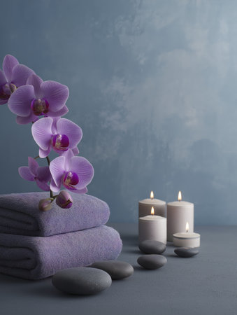 A scene shows stack of purple orchid flowers atop soft towels, lit by candles, creating soothing and peaceful ambiance for relaxationの素材