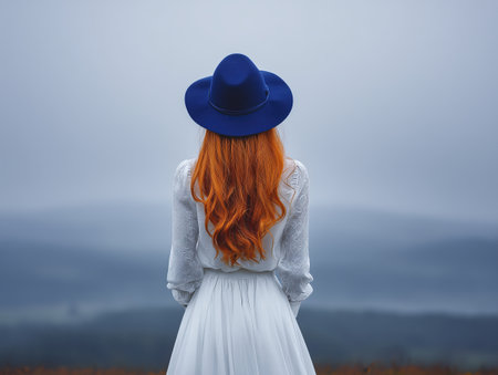 An elegant woman stands serenely, back to camera, gazing towards hazy landscape, her vibrant hair striking contrast against cool tones of misty mountainsの素材
