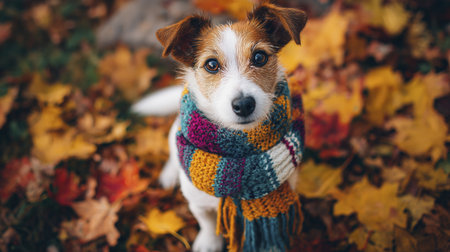 Cute dog wearing colorful scarf sitting among fallen autumn leaves looking adorable and cozy surrounded by vibrant fall foliage brightの素材