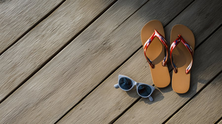 Pair of flip flops and sunglasses placed wooden deck sunny outdoor setting casual summer footwear and accessories relaxed leisure time warm weather outdoor relaxation beach style summer fashionの素材