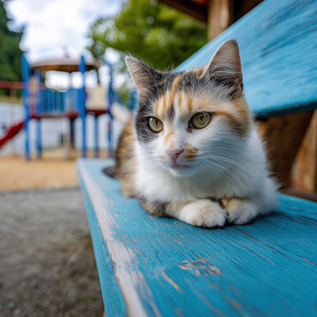 Cute calico cat is sitting on blue wooden bench in playground, looking relaxed and content. background features playground equipment and trees, creating peaceful outdoor sceneの素材
