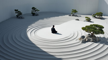 Solitary man meditating at center of concentric zen garden sand ripples under soft light, tranquil atmosphere with bonsai trees and rocks creating minimalist Japanese inspired serenityの素材