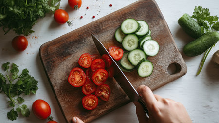 Hand cutting tomatoes and cucumber on wooden cutting board with fresh parsley and whole cucumber nearby, natural kitchen light and casual food prep moodの素材