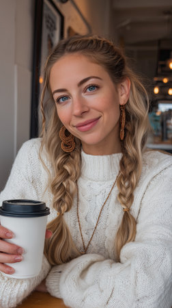 Attractive blonde woman with braided hair wearing knit sweater and holding takeaway coffee cup, warm cozy cafe portrait with soft smile and casual jewelryの素材