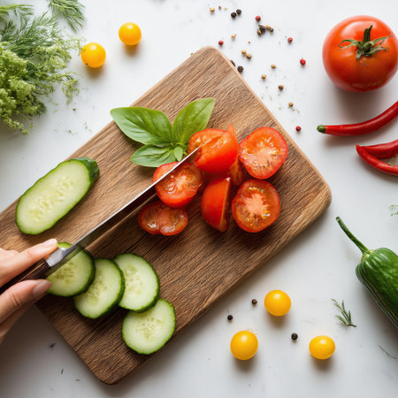 Fresh tomato and cucumber slices on wooden cutting board with basil and scattered peppercorns creating vibrant, healthy cooking sceneの素材