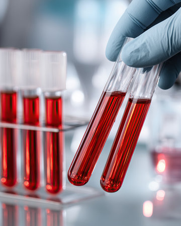 Gloved hand holding two test tube with red liquid, laboratory glassware and rack in blurred background showing clinical experiment and analysisの素材