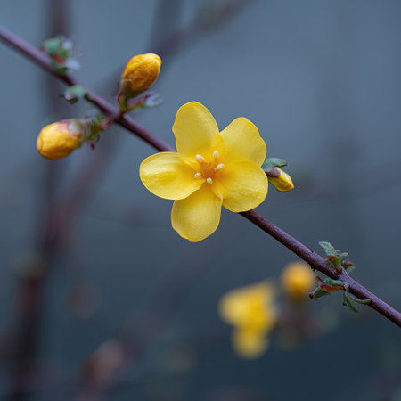 Yellow jasmine winter jasmine yellow flower blossom bud branch spring bloom macro close upの素材
