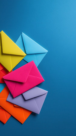 Colorful envelope on blue background, yellow blue pink purple orange paper mail arranged in diagonal composition with playful mood and flat lay minimal styleの素材