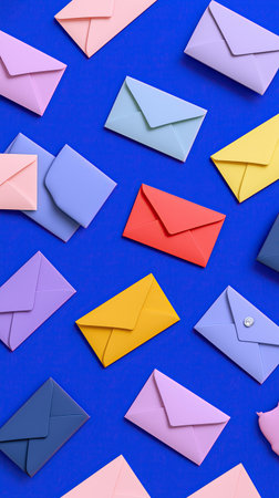 Colorful envelope on blue background, pastel and bright mail concept with assorted paper envelope arrangement conveying cheerful communication and invitation moodの素材