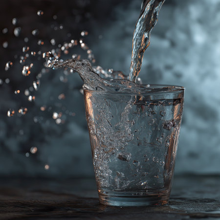 Clear glass being filled with water, splash motion and dynamic droplets creating refreshing energy and realistic liquid textureの素材
