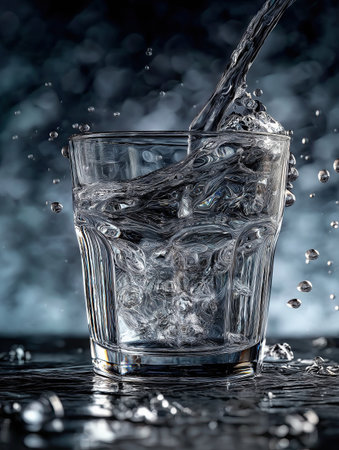 Clear water glass pour splash closeup liquid transparent drink refreshment pouring rippleの素材