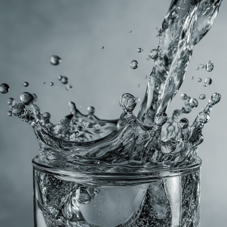 Crystal clear water splash pouring into glass, dynamic motion and suspended droplets convey freshness and energy, high speed close up capture with neutral backgroundの素材
