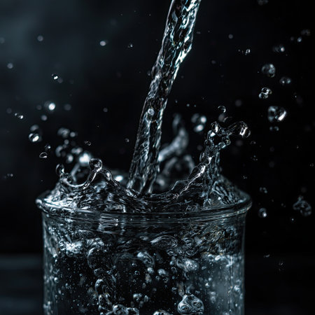 Crystal clear water pouring into glass creating splash and droplets, high speed close up capture showing motion and texture, refreshing liquid movement with dark moody backgroundの素材