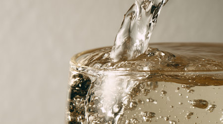 Clear water pouring into glass cup creating splash and bubbles with close up texture and reflection, refreshing beverage motion and liquid detail in neutral backgroundの素材