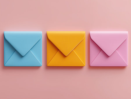 Blue envelope orange envelope pink envelope pastel background colorful stationery mail concept communication correspondence paper envelope minimal compositionの素材