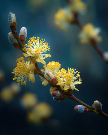 Yellow willow catkin blossom with delicate stamens and soft buds on slender branch, serene close up floral scene evoking calm and renewal in cool blue bokeh lightの素材