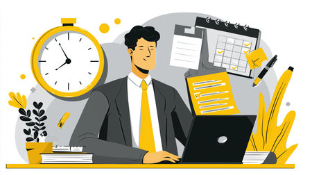 Productivity planning businessman working at laptop with checklist calendar and stopwatch conveying focused time management and organized workflow with cheerful motivated expressionの素材