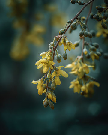 Delicate yellow flower weeping branch hanging blossom soft bokeh green background spring bloomの素材