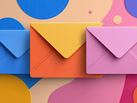 Colorful envelope trio yellow orange pink blue background with layered paper shapes and playful composition conveying cheerful communication and modern stationery designの素材