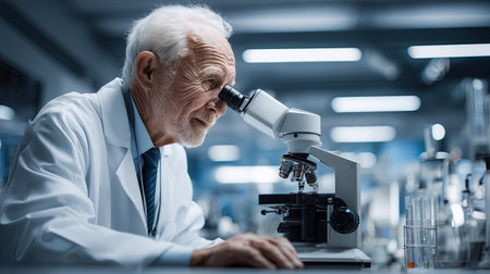Experienced scientist in white lab coat looking through microscope with focused expression in modern laboratory lit by cool lighting, conveying dedication and scientific inquiryの素材