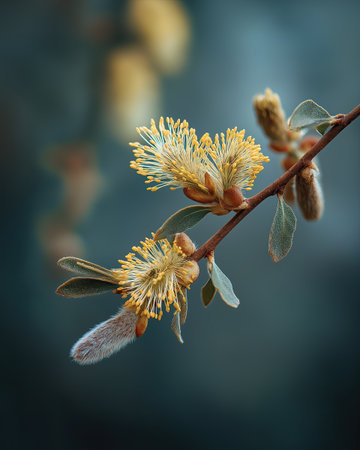 Golden willow flower pollen branch catkin fuzzy bud spring bloom yellow stamen soft textureの素材