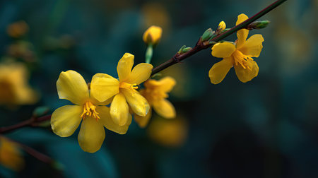 Yellow winter jasmine flower yellow blossom macro flower small blossom spring bloom green budの素材
