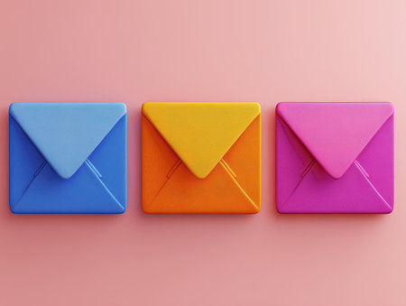 Blue envelope orange envelope pink envelope pastel background mail icon communication correspondence square envelope triangular flap minimalist design colorful stationery flat lay product mockupの素材