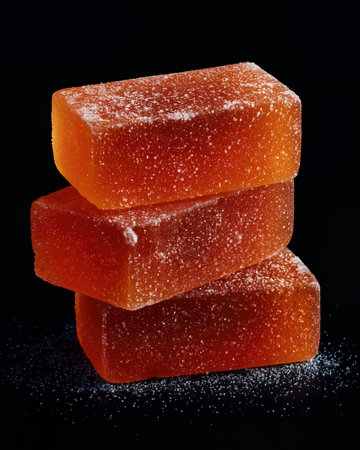 Three orange fruit jelly candy rectangle stacked with sugar dusting, close up texture and glossy surface evoking sweet and zesty appealの素材