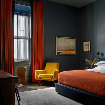 Dark gray wall orange curtain orange bed yellow armchair modern bedroom muted lighting framed art sheer window curtain bedside pendantの素材