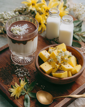 Fresh mango cubes with coconut cream panna cotta topped with chocolate and edible flowers, milk bottles and seeds on wooden tray evoking sunny tropical dessert sceneの素材