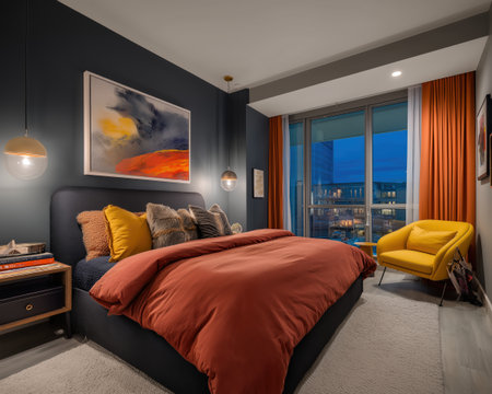 Modern bedroom with dark gray wall rust duvet and orange curtain creating cozy warm mood by large window at night with yellow accent chair and textured throw pillowの素材