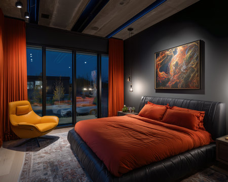 Modern bedroom with dark gray wall orange duvet and matching curtains illuminated by pendant light creating cozy evening atmosphereの素材