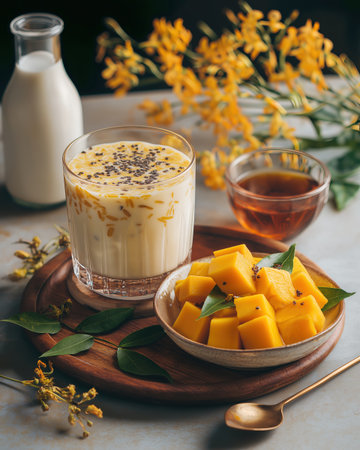 Creamy mango coconut pudding topped with chia seeds and fresh mango cubes, presented with milk and syrup for tropical dessert experienceの素材