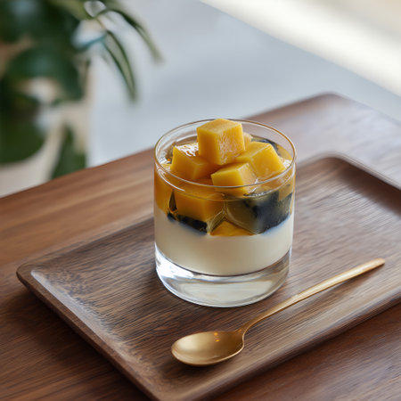 Creamy coconut panna cotta topped with mango cube and jelly garnish, served in glass on wooden tray with golden spoon, bright natural light and indoor plant blurの素材